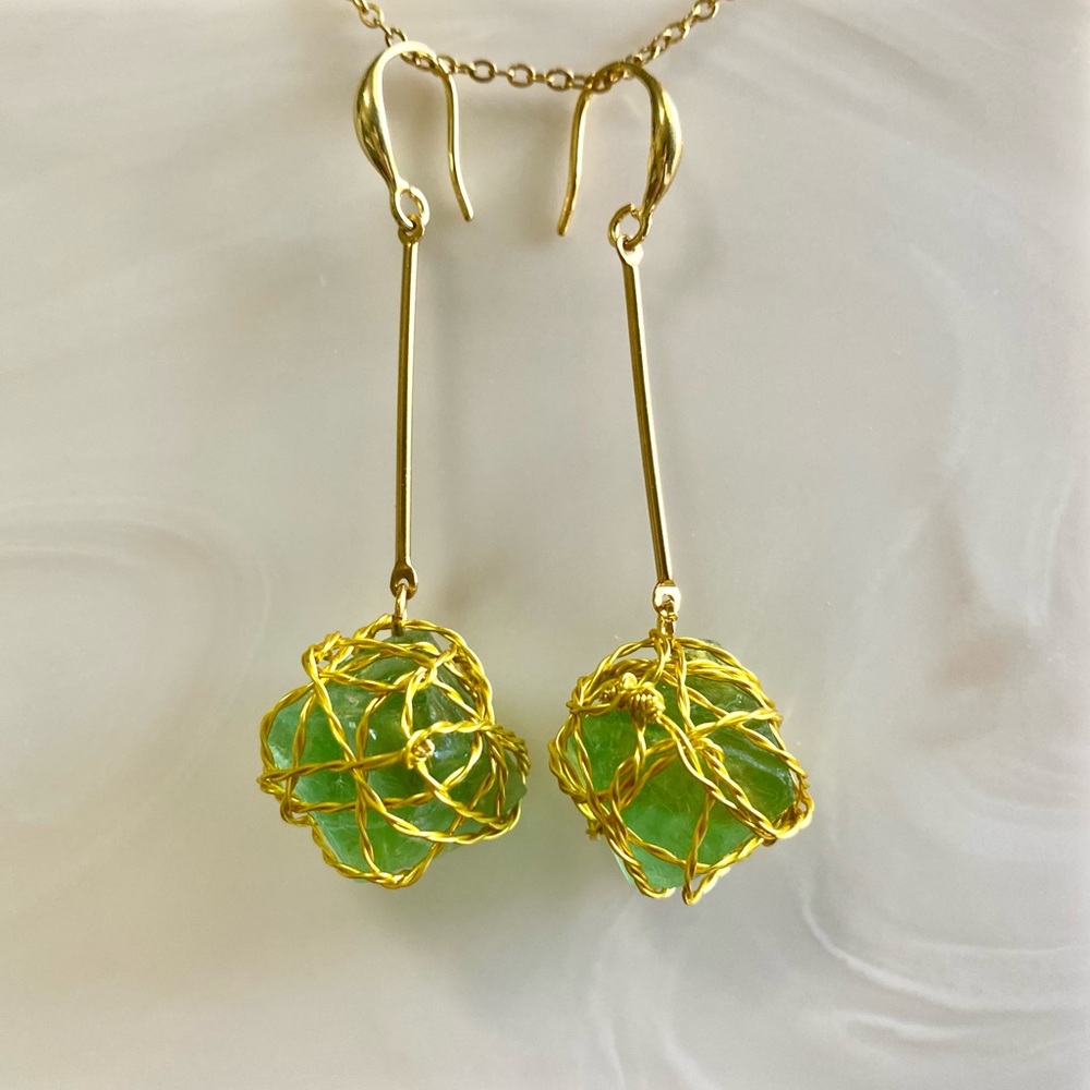 Green Fluorite Octahedron Dangle Earrings E26